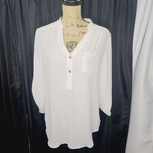 AGB White Semi Sheer Half Button Career Roll Sleeve Top Medium